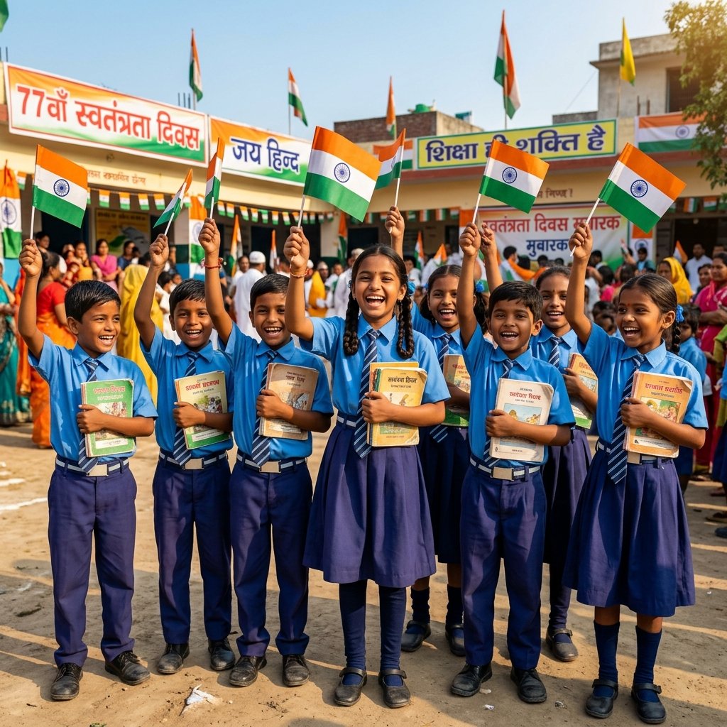 Indian children celebrating 15 August Independence Day with national flags and school books supported by IQRA Welfare Trust Delhi