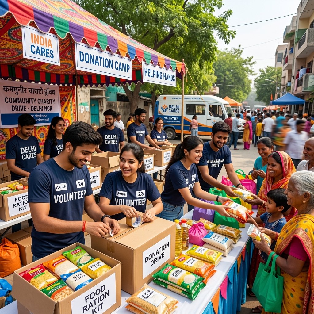 Volunteers organizing charity drive and ration distribution in Delhi NCR with IQRA Welfare Trust