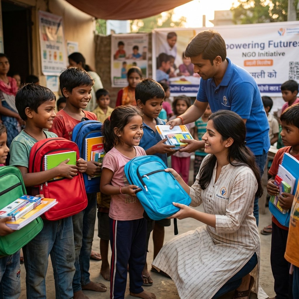 Donating school supplies and education kits to poor children in Delhi NCR slums through IQRA Welfare Trust